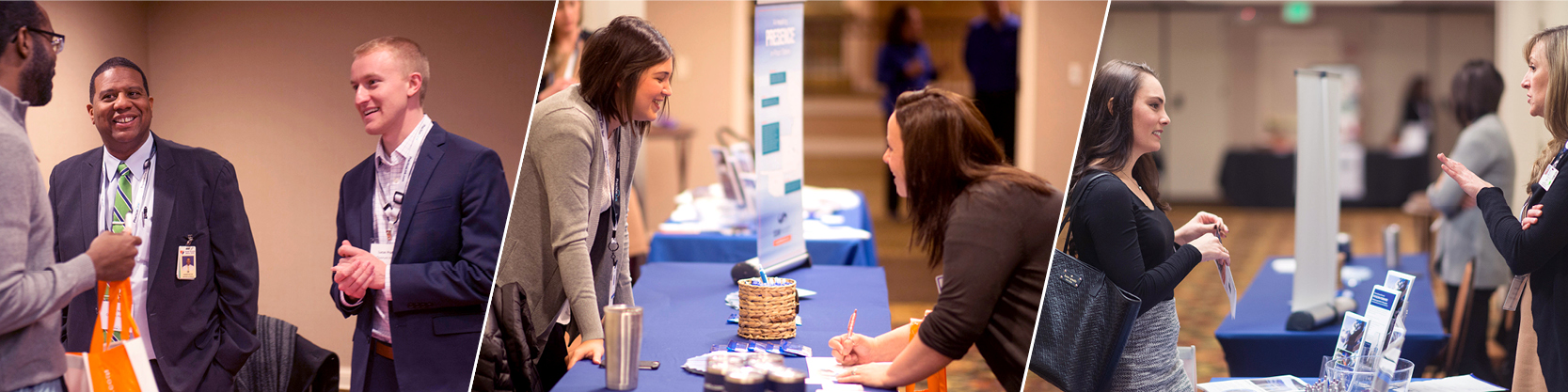 Physician recruiters networking with physicians at a career fair
